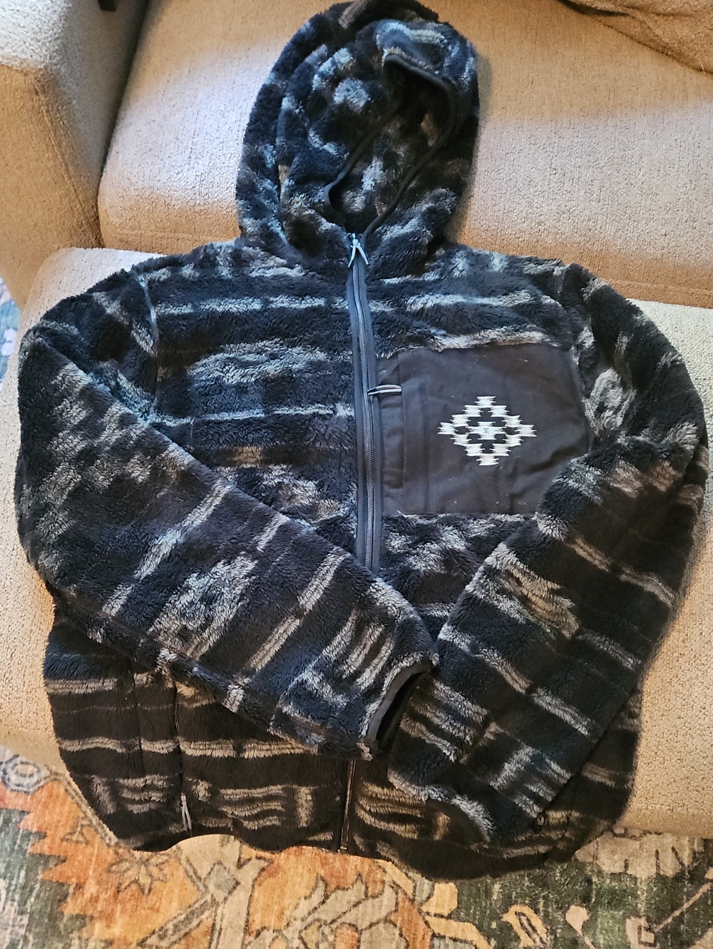 Roark Men's Hooded Plush Zip-Up Sweater Jacket - Black With Gray Pattern
